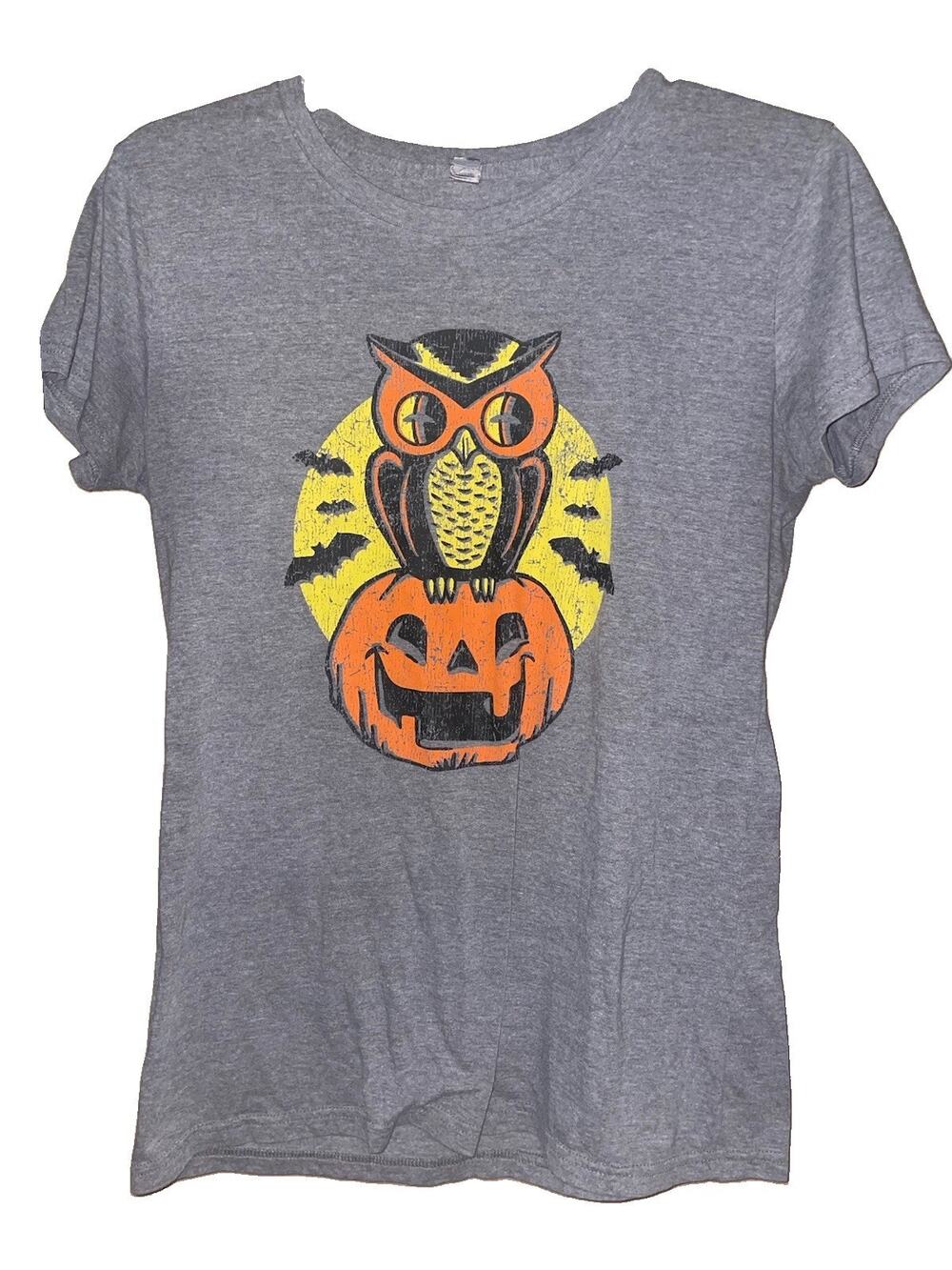 Women’s Instant Message Fun Halloween Tshirt Gray Short Sleeve Sz L Owl Pumpkin